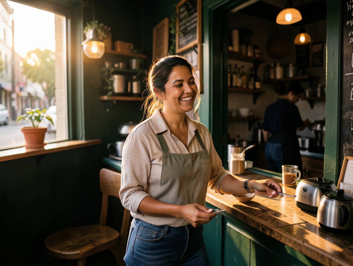 Dueña de un café haciendo crecer su emprendimiento